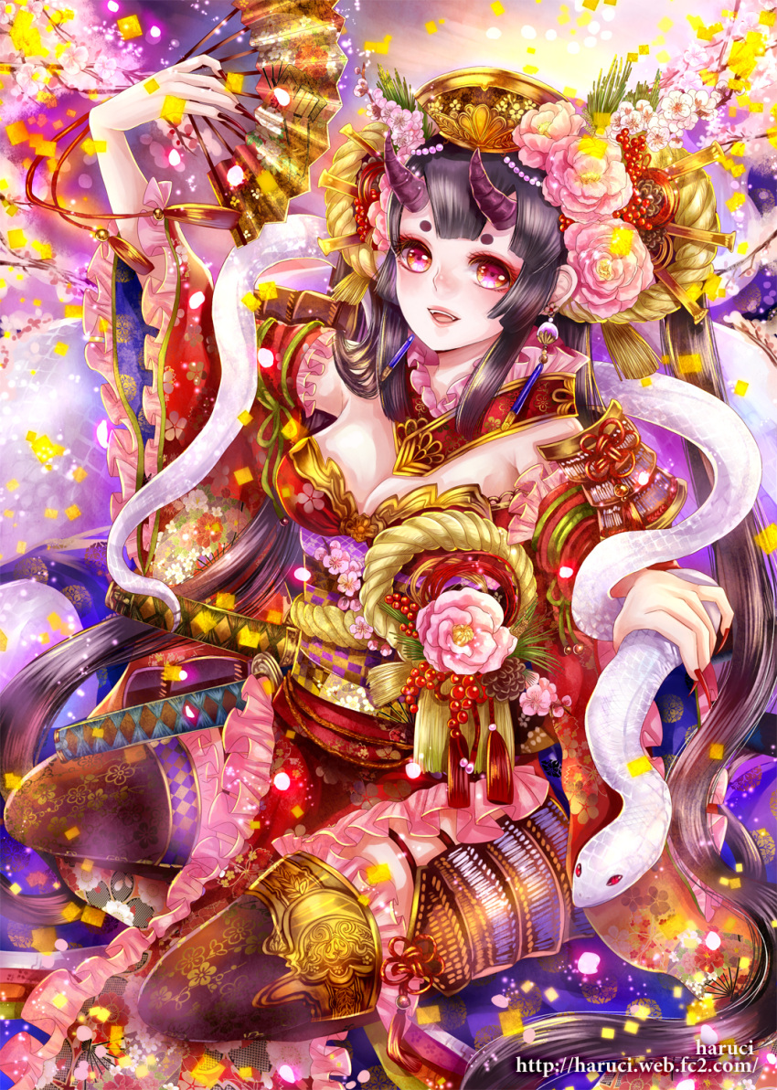 1girl albino animal armor artist_name bangs beads black_legwear breasts cleavage earrings fan fingernails floral_print flower frills hair_flower hair_ornament haruci hat highres holding_animal horns japanese_armor jewelry katana long_hair looking_at_viewer nail_polish nengajou new_year open_mouth original paper_fan red_eyes red_nails rope sheath sheathed sitting snake solo sword wakizashi watermark weapon web_address wide_sleeves