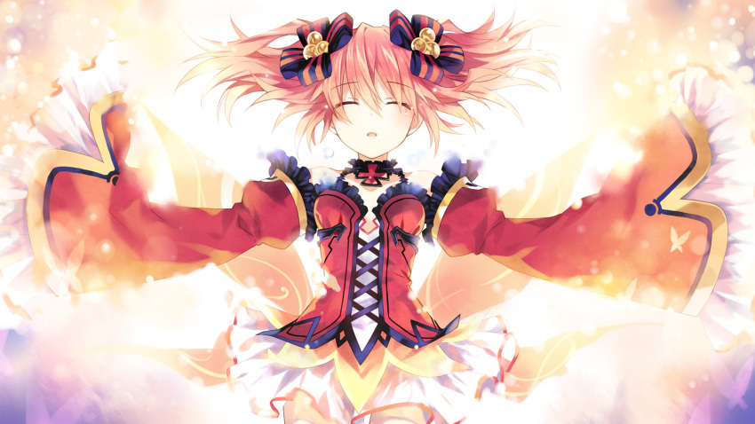 1girl alyn_(fairy_fencer_f) butterfly closed_eyes collar cross detached_sleeves dress fairy_fencer_f frills game_cg glowing hair_ornament highres light_particles official_art open_mouth orange_hair sleeves_past_wrists solo tsunako twintails wide_sleeves