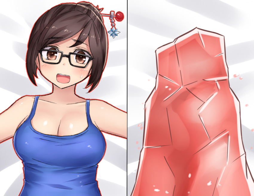 1girl bangs breasts brown_eyes brown_hair cleavage commentary_request gameplay_mechanics glasses hair_bun hair_ornament hair_stick hairpin ice large_breasts mei_(overwatch) neit_ni_sei on_bed open_mouth outstretched_arms overwatch rock sidelocks spread_arms sweatdrop tank_top upper_body