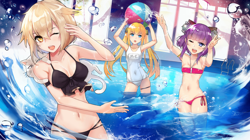 3girls ;d ahoge animal animal_on_shoulder arm_up armband arms_up ball bandeau bangs bare_arms bare_shoulders beachball bikini black_bikini blonde_hair blunt_bangs breasts carrying_overhead cat cat_on_shoulder character_request closed_eyes contrapposto covered_navel covering eyebrows eyebrows_visible_through_hair hair_between_eyes hair_flaps hair_ornament halterneck headgear highres holding holding_ball indoors leaning_to_the_side long_hair looking_at_viewer medium_breasts multi-strapped_bikini multiple_girls name_tag old_school_swimsuit one-piece_swimsuit one_eye_closed open_mouth outstretched_arms pink_bikini pool pool_ladder purple_hair school_swimsuit short_hair shoulder_grab side-tie_bikini sidelocks skin_tight small_breasts smile stomach swimsuit thigh_strap tsubasa19900920 very_long_hair wading water water_drop waves white_cat white_school_swimsuit white_swimsuit window yellow_eyes zhanchang_shuang_mawei
