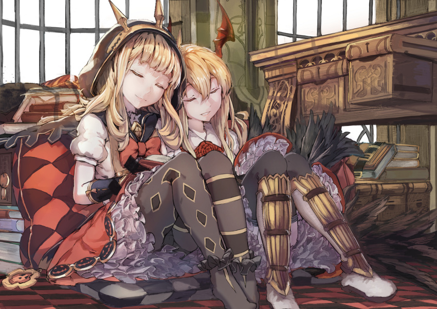 2girls akieda asymmetrical_legwear bangs black_legwear blonde_hair blunt_bangs book book_stack boots bow bowtie cagliostro_(granblue_fantasy) checkered checkered_floor closed_eyes crown desk frilled_legwear frilled_skirt frills gloves granblue_fantasy hair_between_eyes head_tilt head_wings hood indoors knees_together_feet_apart knees_up leaning_on_person legs_together light_smile long_hair multiple_girls no_shoes on_floor open_book pantyhose parted_lips petticoat pillow print_legwear puffy_short_sleeves puffy_sleeves short_sleeves side-by-side sitting skirt thigh-highs vampy window