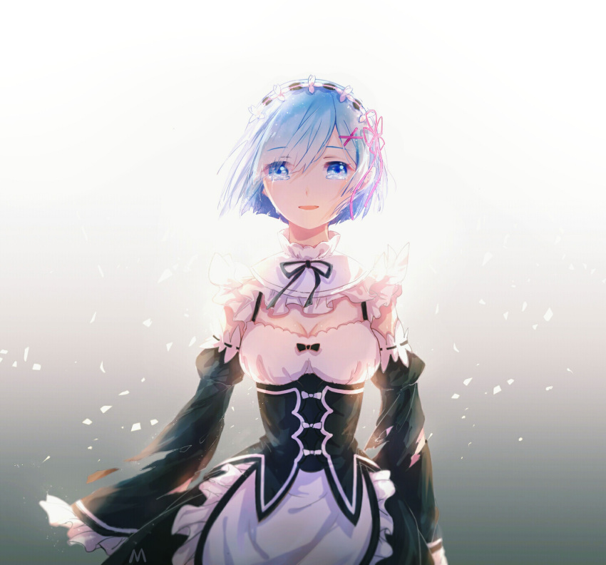 1girl apron bangs black_bow black_ribbon blue_eyes blue_hair bow breasts catsir cleavage crying crying_with_eyes_open detached_sleeves eyebrows eyebrows_visible_through_hair frilled_apron frills gradient gradient_background grey_background hair_over_one_eye highres looking_at_viewer maid maid_apron maid_headdress medium_breasts open_mouth parted_bangs purple_ribbon re:zero_kara_hajimeru_isekai_seikatsu rem_(re:zero) ribbon short_hair solo tears text upper_body x_hair_ornament