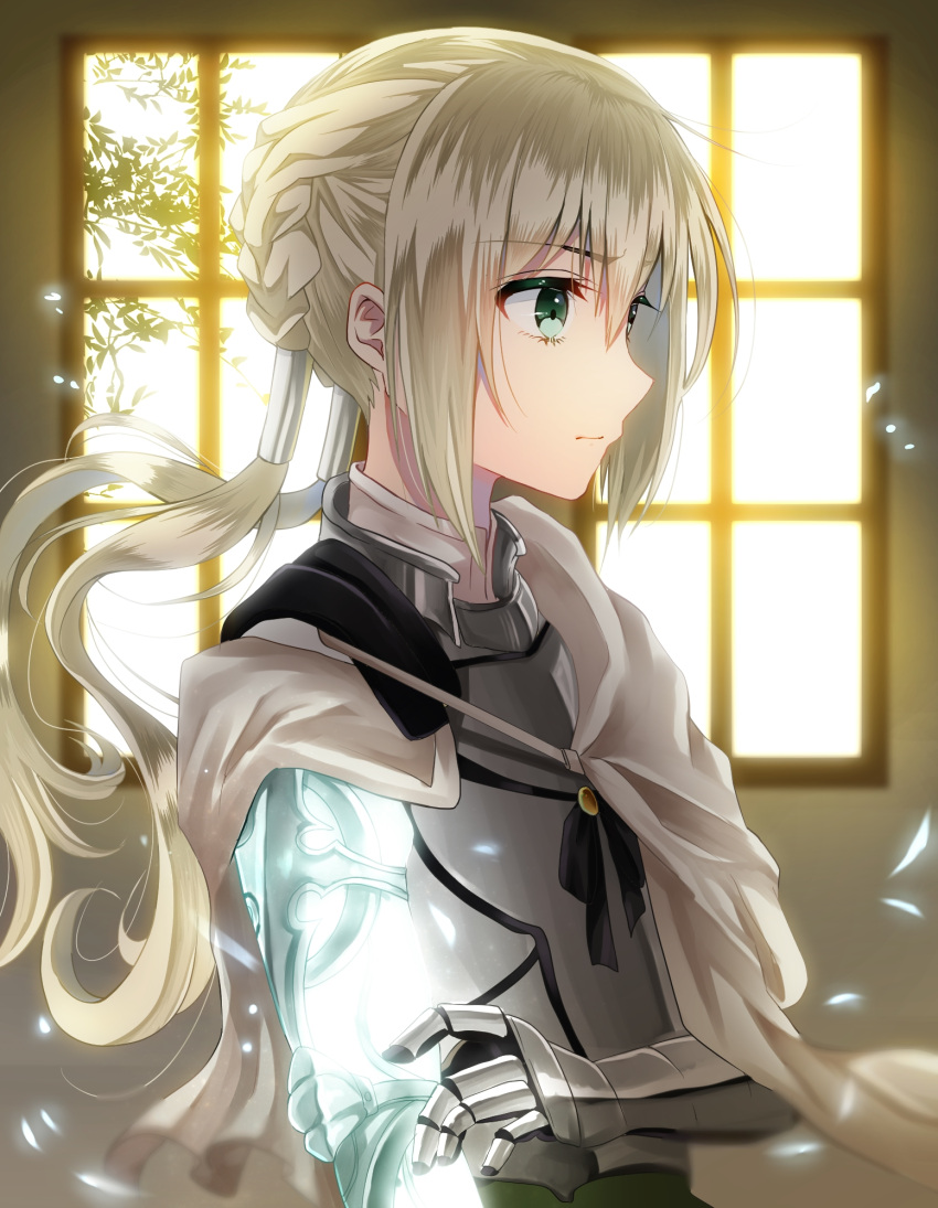 1boy armor bedivere blonde_hair breastplate cape fate/grand_order fate/stay_night fate_(series) glowing glowing_hand green_eyes highres katou_kuroko solo twintails upper_body