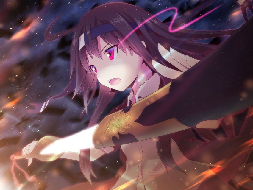 1girl black_hair black_jacket blazer commentary_request glowing glowing_eye glowing_sword glowing_weapon hatsushimo_(kantai_collection) highres holding holding_sword holding_weapon jacket kantai_collection long_hair long_sleeves open_mouth red_eyes school_uniform sheath solo sword twinameless very_long_hair weapon