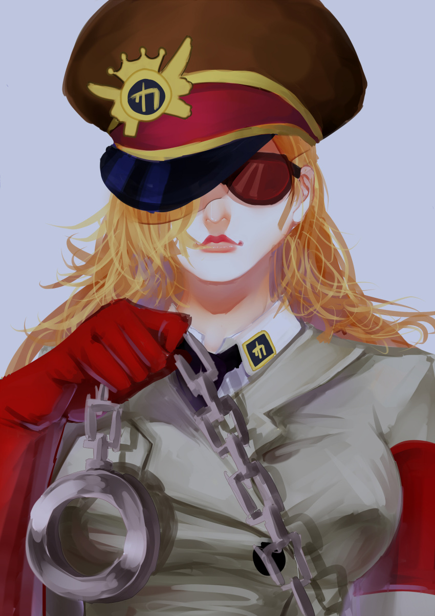 1girl 8chinchin absurdres blonde_hair chains curly_hair domino_(one_piece) glasses gloves grey_background hair_over_one_eye hat highres long_hair military military_hat military_uniform one_piece portrait simple_background solo sunglasses uniform