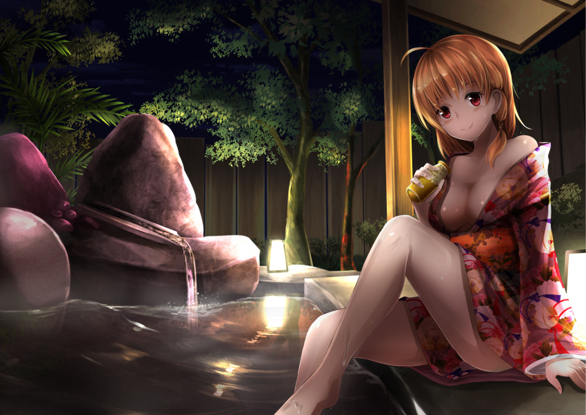 1girl ahoge architecture arm_at_side bangs bare_shoulders bottle braid breasts cleavage east_asian_architecture fence floral_print fountain hair_tie highres holding holding_bottle japanese_clothes kimono lake lamp leg_up long_sleeves looking_at_viewer loose_clothes love_live! love_live!_sunshine!! medium_breasts night obi off_shoulder onsen orange_hair orien outdoors red_eyes reflection ripples rock sash shiny short_kimono side_braid single_braid sitting smile soaking_feet solo takami_chika tree veranda water wet wide_sleeves