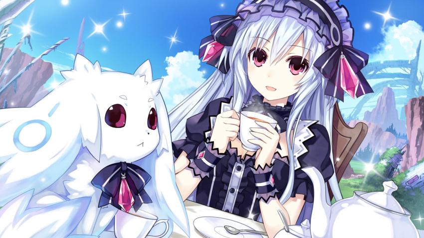1girl :&lt; :d animal bow breasts chair cleavage cliff clouds cui cup detached_collar dutch_angle fairy_fencer_f frilled_sleeves frills game_cg highres holding long_hair maid_headdress neck_ribbon official_art open_mouth pink_eyes red_eyes ribbon saucer short_sleeves silver_hair sitting smile spoon teacup teapot tiara_(fairy_fencer_f) tsunako white_hair wrist_cuffs