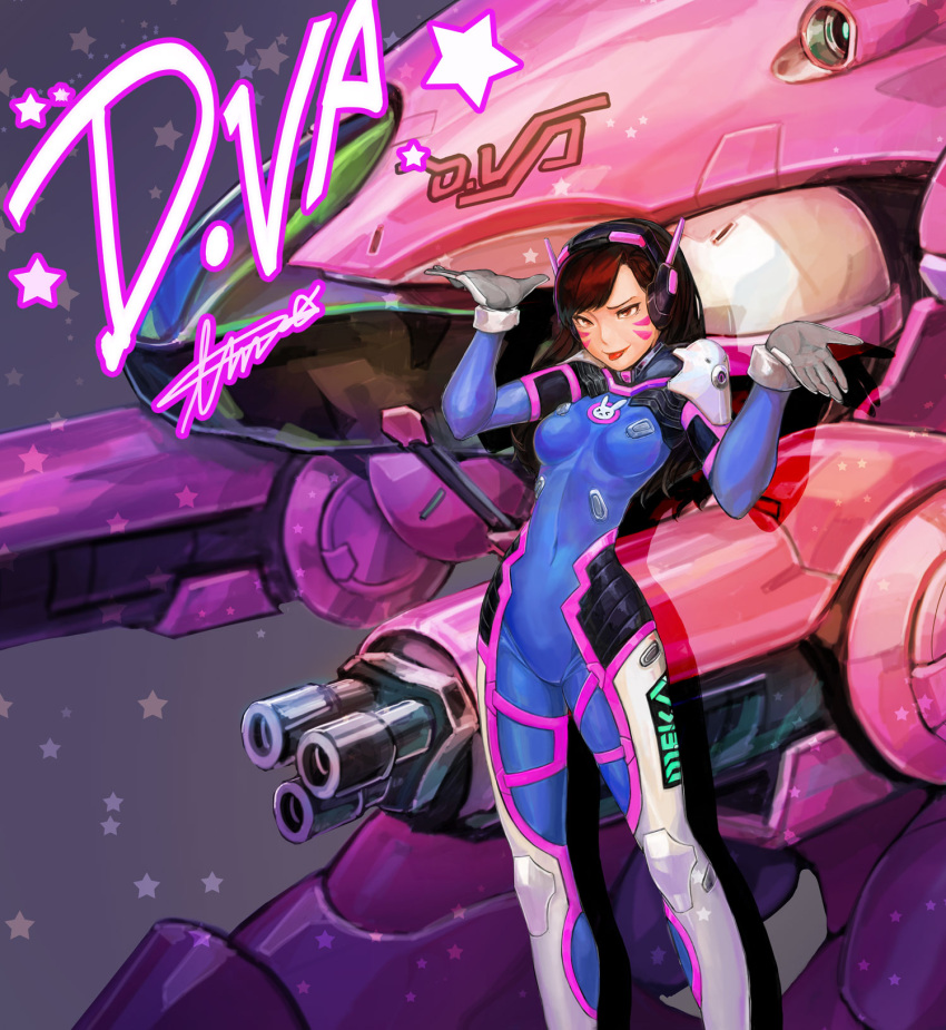 1girl :p bodysuit brown_eyes brown_hair covered_navel d.va_(overwatch) facial_mark glasses highres long_hair meka_(overwatch) overwatch raised_eyebrow shrug signature solo tamidro thighs tongue tongue_out