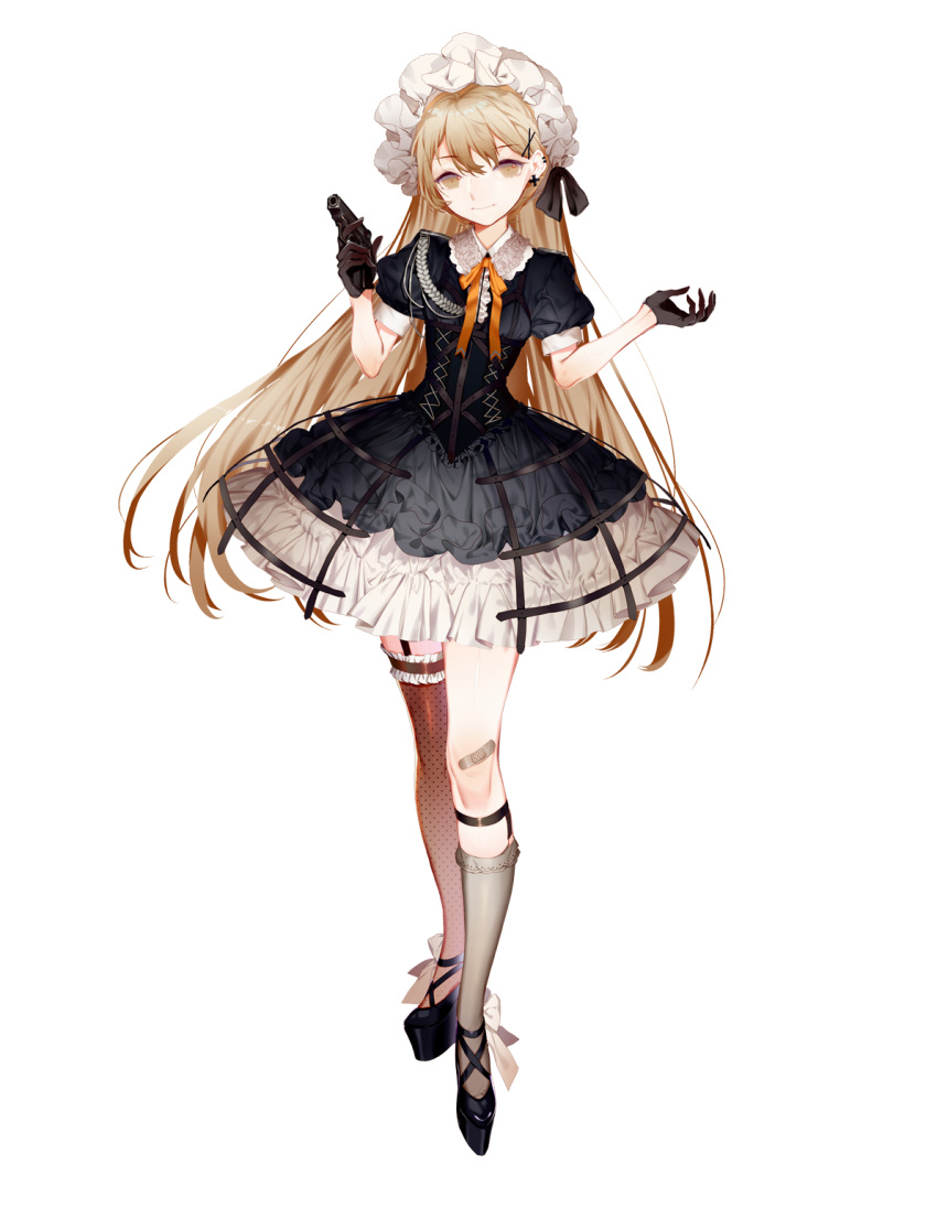 1girl aiguillette aya_(547972106) bandaid bandaid_on_knee black_bow black_dress black_gloves black_ribbon black_shoes bow closed_mouth corset dress earrings frills garter_straps garters girls_frontline gloves gun hair_ornament hairclip handgun highres holding holding_gun holding_weapon hoop_skirt iron_cross jewelry light_brown_eyes light_brown_hair long_hair looking_at_viewer maid_headdress mismatched_legwear official_art orange_bow orange_ribbon ppk_(girls_frontline) puffy_short_sleeves puffy_sleeves ribbon shoes short_sleeves single_thighhigh solo standing thigh-highs transparent_background walther walther_ppk weapon white_bow white_ribbon x_hair_ornament