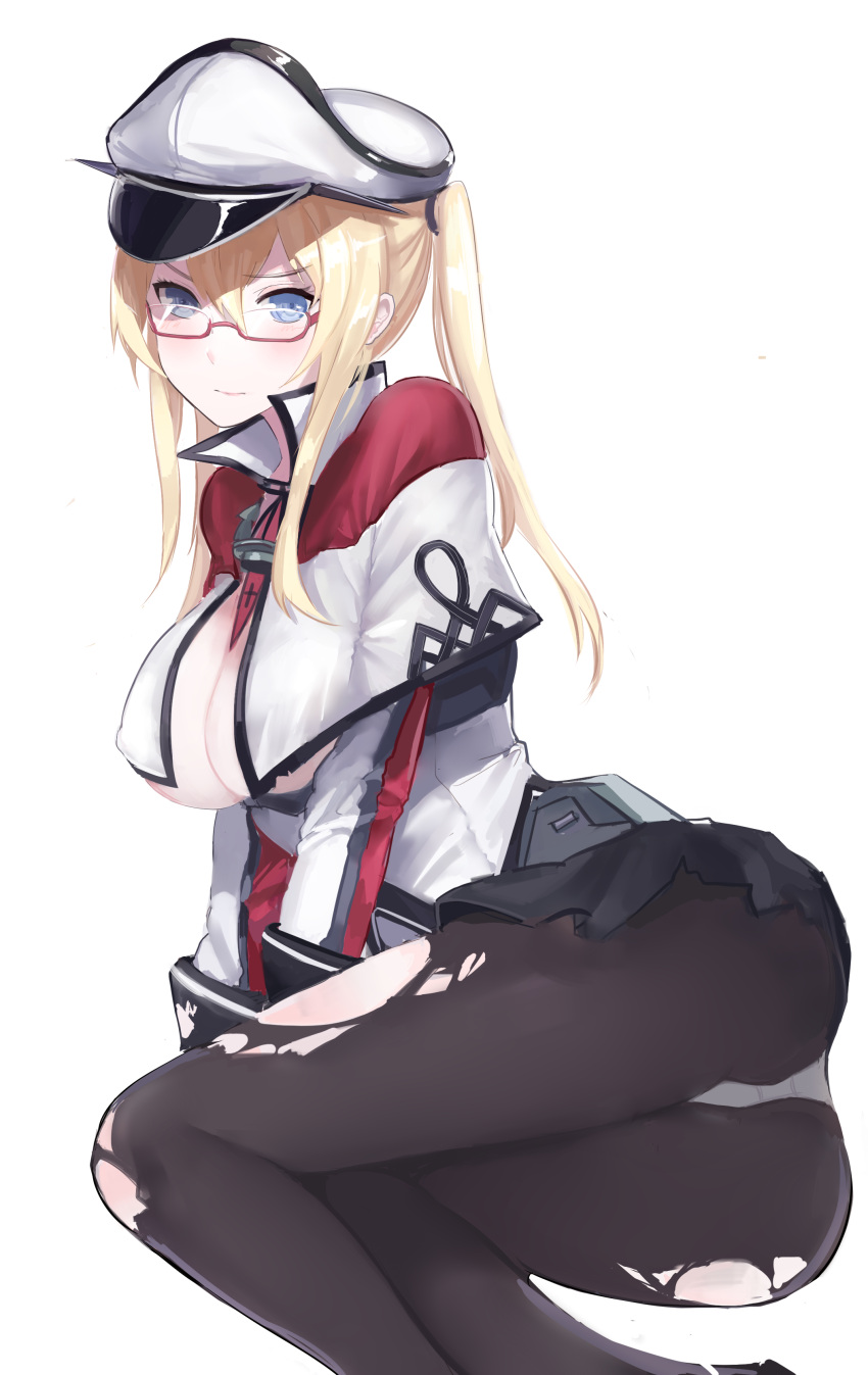 1girl absurdres annnna ass black_legwear blonde_hair blue_eyes blush breasts cleavage erect_nipples glasses graf_zeppelin_(kantai_collection) hat highres kantai_collection long_hair looking_at_viewer military_hat panties pantyhose pleated_skirt simple_background sitting skirt solo torn_clothes torn_pantyhose twintails underwear white_background white_panties
