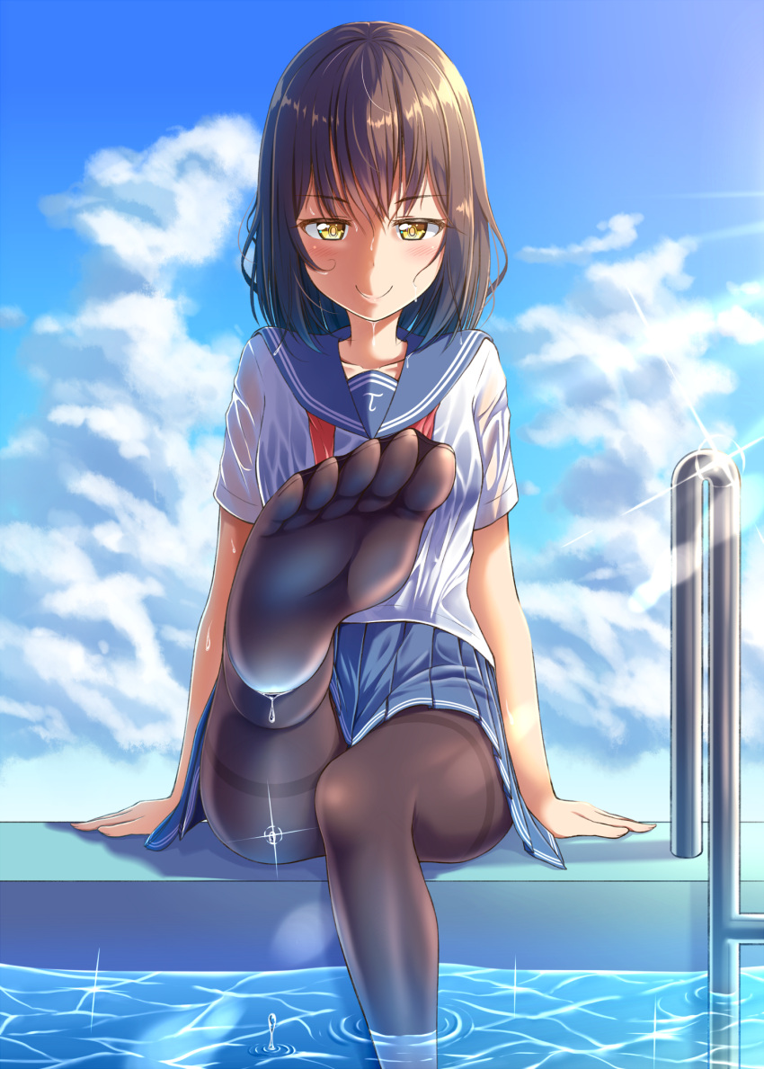 1girl arm_support black_hair black_legwear blush clouds feet gurande_(g-size) highres leg_up long_hair looking_at_viewer no_shoes original pantyhose pov_feet sitting sky smile soles solo thighband_pantyhose toes wading water wet wet_clothes yellow_eyes