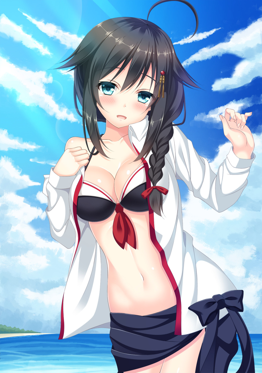 1girl 309042 ahoge black_hair blue_eyes blue_sky blush bow braid breasts cleavage day hair_bow hair_flaps hair_ornament hairpin head_tilt highres jacket kantai_collection lens_flare long_sleeves medium_breasts navel open_clothes open_jacket outdoors red_bow sarong shigure_(kantai_collection) single_braid sky stomach sunlight white_jacket