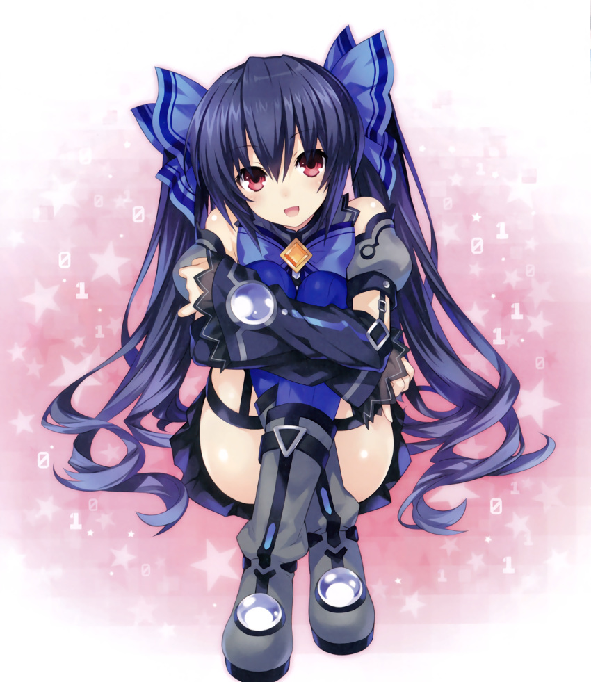 1girl :d bare_shoulders belt black_hair blush boots bow chou_megami_shinkou_noire_gekishin_black_heart choujigen_game_neptune crop_top detached_sleeves garter_straps grey_boots hair_ribbon highres legs_crossed long_hair looking_at_viewer neptune_(series) noire number official_art open_mouth outline red_eyes ribbon shirt sitting skirt smile solo star taut_clothes taut_shirt thigh-highs tsunako twintails very_long_hair