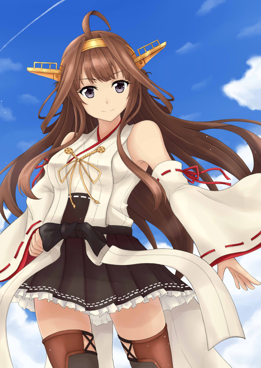 1girl absurdres bare_shoulders blue_sky boots brown_hair clouds detached_sleeves double_bun gensoukitan grey_eyes hairband headgear highres japanese_clothes kantai_collection kongou_(kantai_collection) long_hair nontraditional_miko ribbon-trimmed_sleeves ribbon_trim s&oacute;lo skirt sky thigh-highs thigh_boots