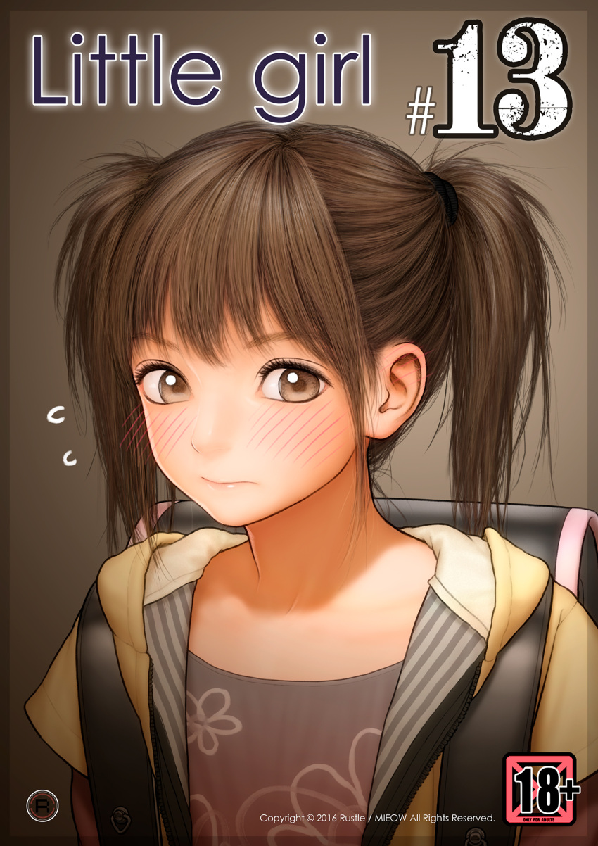 1girl backpack bag black_shirt blush brown_background brown_eyes brown_hair closed_mouth cover cover_page doujin_cover floral_print flying_sweatdrops hair_tie hashtag highres jacket looking_at_viewer open_clothes open_jacket pink_lips portrait rustle shirt simple_background solo twintails unzipped upper_body yellow_jacket