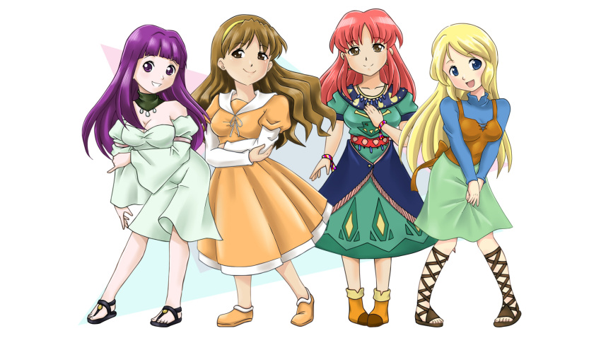 4girls arcia_(granstream_saga) commission elle_(tenchi_souzou) granstream_saga highres illusion_of_gaia j8d lisa_(soul_blazer) looking_at_viewer multiple_girls princess_kara_(illusion_of_gaia) safe smile soul_blazer tenchi_souzou wallpaper white_background