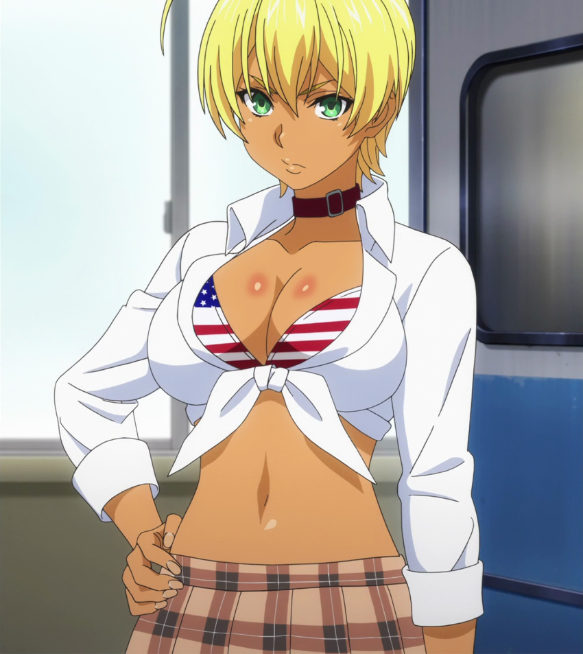 1girl blonde_hair breasts choker cleavage flag_print green_eyes hand_on_hip indoors large_breasts looking_at_viewer midriff mito_ikumi navel screencap shokugeki_no_souma short_hair skirt solo standing stitched