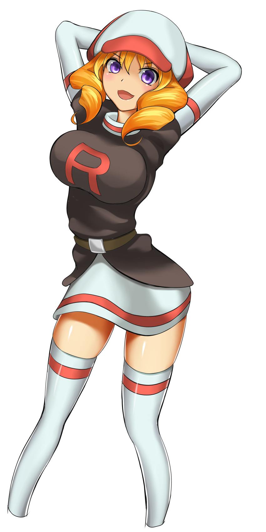1girl arms_behind_head blonde_hair boots breasts clothes_writing domino_(pokemon) drill_hair elbow_gloves gloves hat highres large_breasts miniskirt open_mouth pokemon pokemon_(anime) short_hair skindentation skirt smile solo team_rocket thigh-highs thigh_boots violet_eyes white_legwear zettai_ryouiki