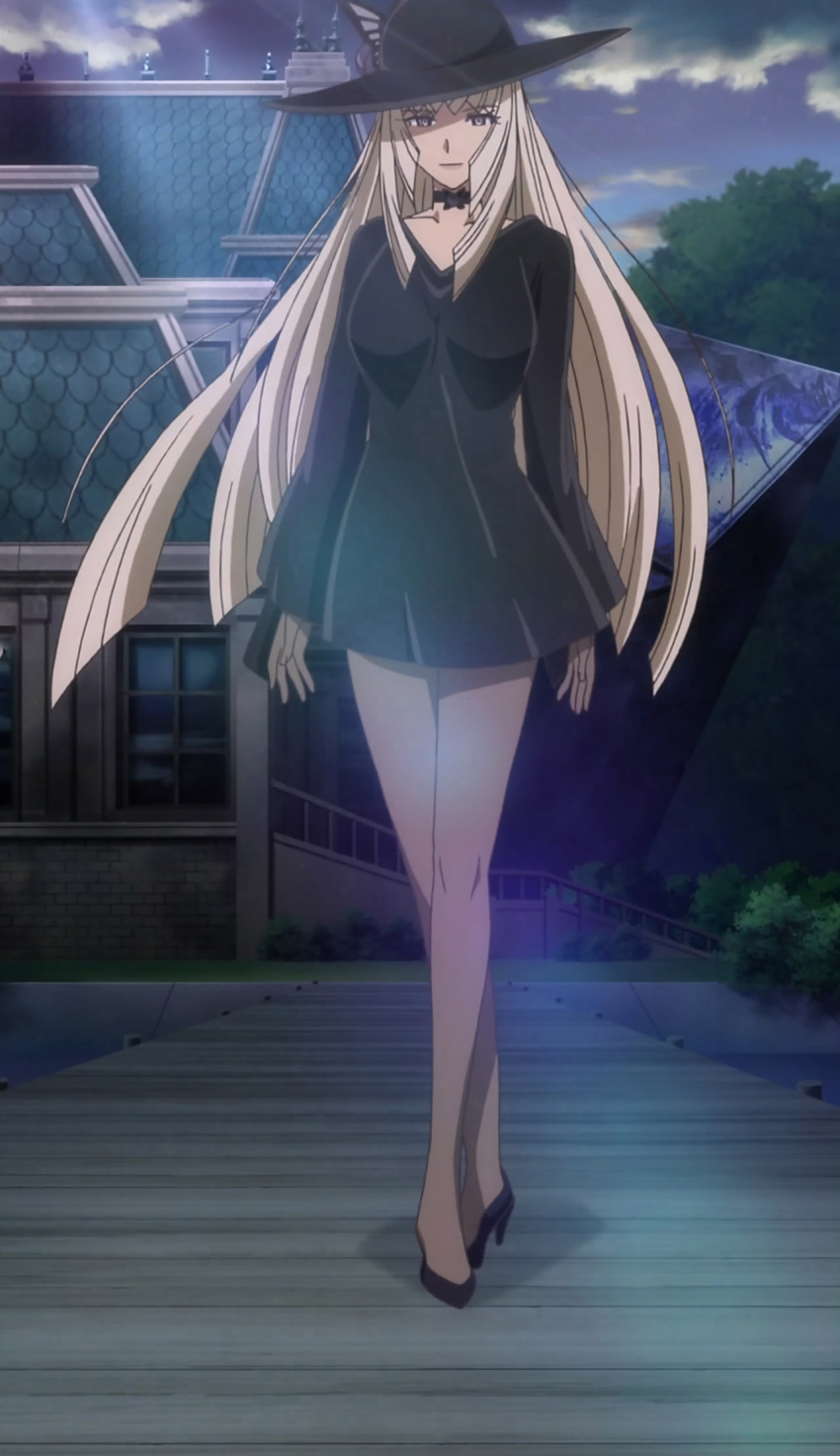 1girl black_dress black_gloves black_hat black_heels black_legwear blonde_hair bowler_hat breasts bush butterfly choker collarbone dress eyebrows eyebrows_visible_through_hair fine_(symphogear) full_body gloves grass hat high_heels highres hime_cut large_breasts legs_crossed light_rays lipstick long_hair long_sleeves makeup mansion photoshop pier screencap see-through senki_zesshou_symphogear shaded_face smile solo stairs standing stitched tree very_long_hair violet_eyes water window