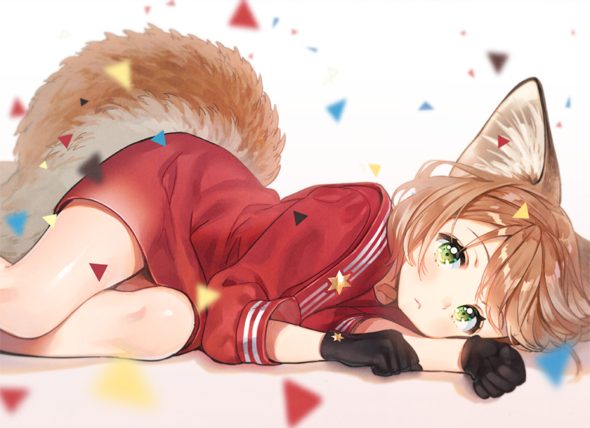 1girl :&lt; anco_(melon85) animal_ears black_gloves brown_hair closed_mouth collarbone confetti dress fox_ears fox_tail gloves green_eyes long_sleeves looking_at_viewer lying on_side original red_dress sailor_collar sailor_dress short_hair solo star tail thighs