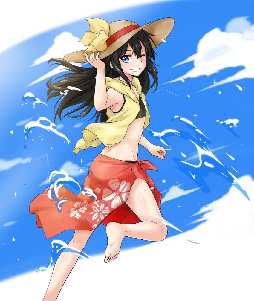 1boy bellezza_felutia black_hair felutiahime flower grin hat hat_flower heterochromia highres long_hair one_eye_closed original red_eyes smile solo summer swimsuit trap