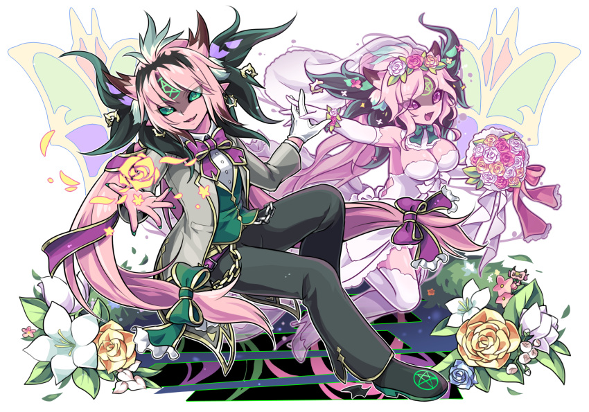 1boy 1girl bare_shoulders bouquet breasts bride cauchemar_(p&amp;d) chains cleavage demon demon_horns dress earrings elbow_gloves fang flower genderswap genderswap_(mtf) gloves green_eyes groom hair_flower hair_ornament hand_holding highres horns jewelry kozakura_(dictionary) long_hair looking_at_viewer multiple_persona open_mouth pentagram pink_eyes pink_hair pointy_ears puzzle_&amp;_dragons ribbon rose strapless strapless_dress thigh-highs tuxedo wedding_dress