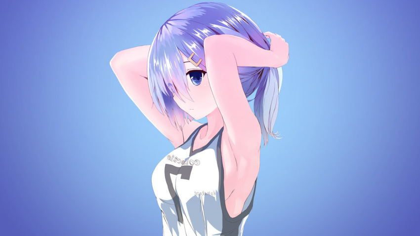 1girl :/ alternate_hairstyle armpits bad_id blue_background blue_eyes blue_hair blush breasts closed_mouth edited eyes_visible_through_hair hair_between_eyes hair_ornament hair_over_one_eye hairclip hairdressing hamakaze_(kantai_collection) kantai_collection mei_(swallowneun) number photoshop ponytail profile sideboob solo tank_top upper_body