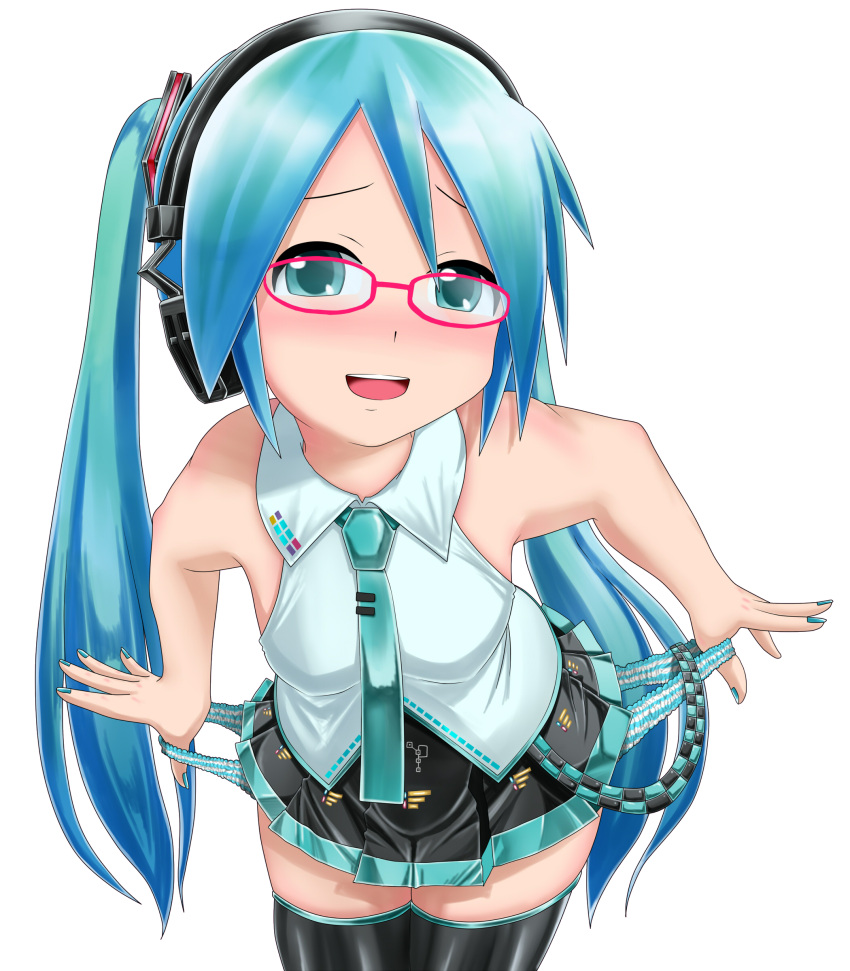 1girl aqua_eyes aqua_hair blush glasses hatsune_miku headphones highres kazu-chan long_hair looking_at_viewer nail_polish necktie open_mouth panties pleated_skirt skirt solo striped striped_panties thigh-highs tied_hair transparent_background twintails underwear very_long_hair vocaloid