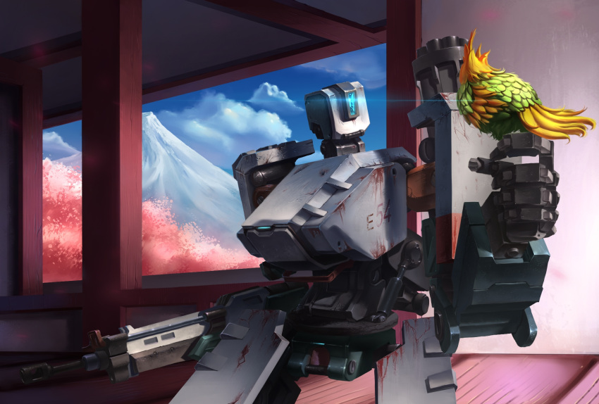 animal animal_on_hand bastion_(overwatch) bird bird_on_hand blue_sky broken chain_gun cherry_blossoms clouds cloudy_sky cowboy_shot crack dirty ganymede_(overwatch) gatling_gun glint gun highres landscape machine_gun mecha minigun mountain nature no_humans overwatch rifle robot rust scenery scratches sky weapon