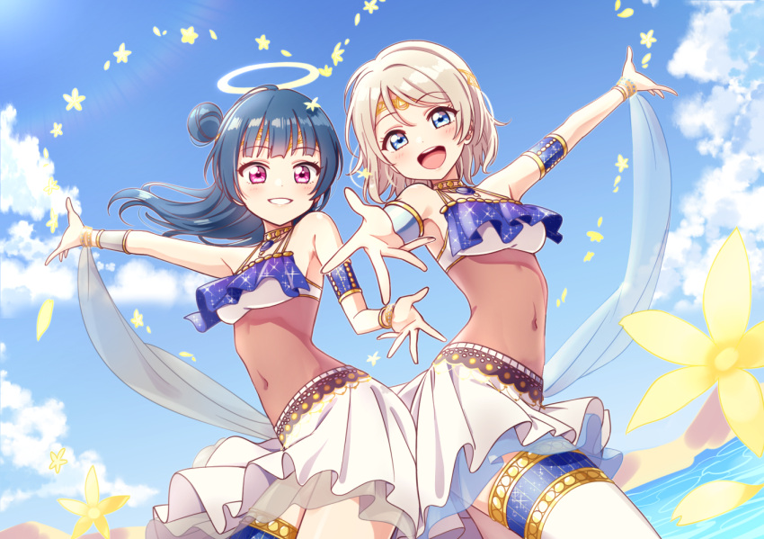 2girls armband armpits bangs beach blue_eyes blue_hair blush breasts choker clouds crop_top dancer deadnooodles flower grey_hair halo heart kokoro_magic_a_to_z long_hair looking_at_viewer love_live! love_live!_sunshine!! medium_breasts multiple_girls navel open_mouth outdoors outstretched_hand petals sand see-through short_hair side_bun skirt sky small_breasts smile thigh_strap tiara tsushima_yoshiko violet_eyes watanabe_you water white_skirt wristband yellow_flower