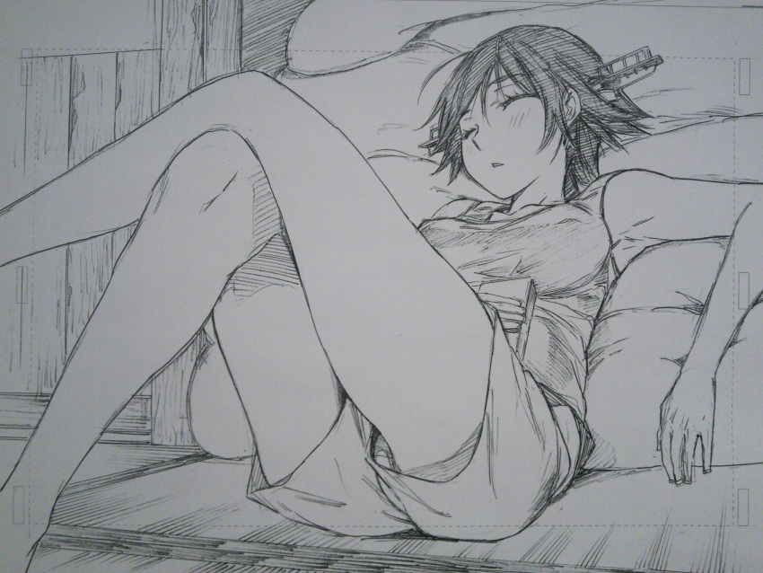 1girl alternate_costume closed_eyes flipped_hair greyscale hairband hiei_(kantai_collection) highres kantai_collection kojima_takeshi legs_crossed lying monochrome on_back open_mouth parted_lips short_hair shorts sketch sleeping sleepwear tank_top
