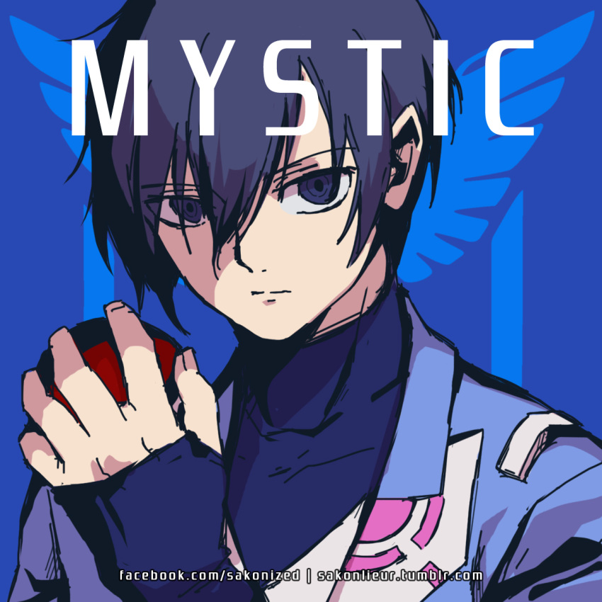 10s 1boy arisato_minato artist_name blanche_(pokemon) blanche_(pokemon)_(cosplay) blue_eyes blue_hair close-up emblem eyebrows eyebrows_visible_through_hair facebook_address highres holding holding_poke_ball male_focus persona persona_3 poke_ball pokemon pokemon_go sakon04 solo team_mystic tumblr_username yuuki_makoto