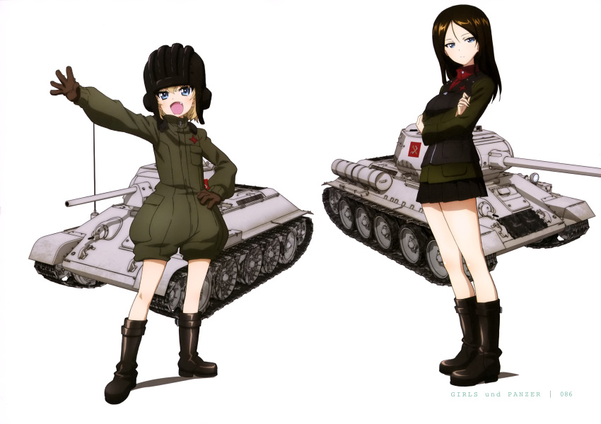 2girls absurdres black_hair black_skirt blonde_hair blue_eyes boots brown_gloves copyright_name crossed_arms emblem fang girls_und_panzer gloves ground_vehicle hand_on_hip helmet highres is-2 katyusha long_hair looking_at_viewer military military_uniform military_vehicle motor_vehicle multiple_girls nonna official_art open_mouth pleated_skirt short_hair simple_background skirt t-34 tank uniform white_background