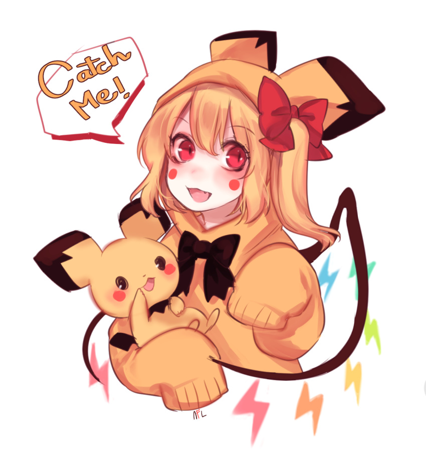 1girl :3 alternate_costume blonde_hair blush blush_stickers cosplay crystal english fang flandre_scarlet highres looking_at_viewer open_mouth pichu pichu_(cosplay) pokemon pokemon_(creature) red_eyes side_ponytail sleeves_past_wrists tis_(shan0x0shan) touhou upper_body wavy_mouth wings