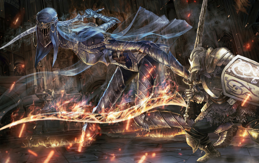 1boy 1girl action arch arm_at_side armor armored_boots ashen_one_(dark_souls_3) battle bent_over boots breastplate breasts burning carrying_over_shoulder chainmail dancer_of_the_boreal_valley dark_souls dark_souls_iii dungeon fire flaming_sword floor fraud gauntlets giantess helmet holding holding_shield holding_sword holding_weapon indoors jewelry large_breasts legs_apart motion_blur outstretched_arm over_shoulder pauldrons popobobo see-through shield size_difference smoke souls_(from_software) standing statue sword veil weapon weapon_over_shoulder