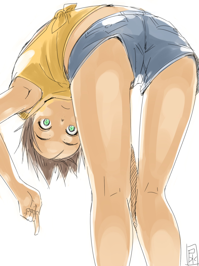 1girl armpits ass female from_behind from_below green_eyes original satsuyo shiny short_shorts shorts solo thigh_gap