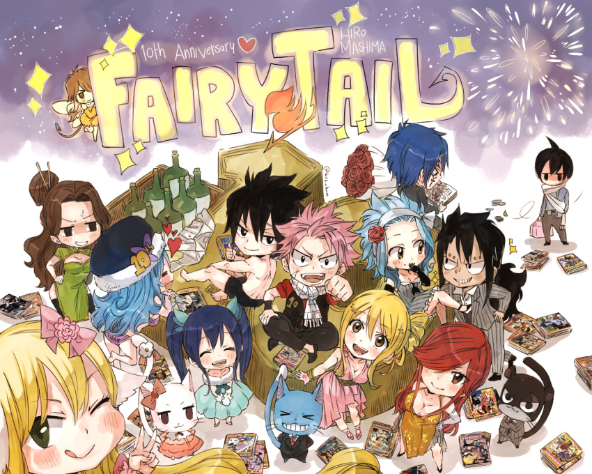 6+boys 6+girls black_eyes black_hair blonde_hair blue_hair book bottles breasts brown_eyes brown_hair cana_alberona carla character_request cleavage closed_eyes dress erza_scarlet everyone eyebrows fairy_tail forehead gajeel_redfox gray_fullbuster hair_over_one_eye happy_(fairy_tail) jellal_fernandes juvia_loxar large_breasts legs levy_mcgarden long_hair looking_at_viewer lucy_heartfilia mavis_vermilion multiple_boys multiple_girls natsu_dragneel one_eye_closed outdoors pantherlily pink_hair redhead roses sky twintails v wendy_marvell wink zeira zeref