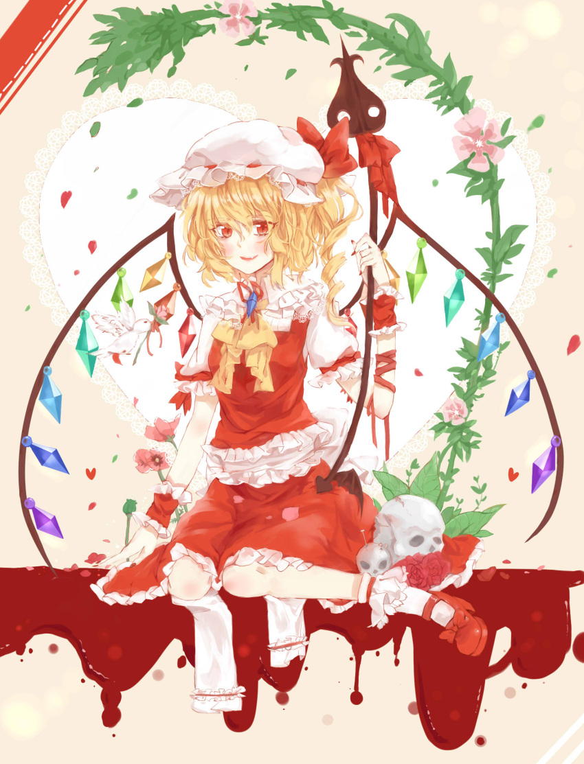 1girl arm_garter ascot blonde_hair blush bobby_socks bow brooch crystal fang flandre_scarlet flower frilled_shirt frilled_shirt_collar frilled_skirt frills full_body hat hat_bow highres jewelry laevatein looking_at_viewer mary_janes meng_ziya mob_cap parted_lips petals puffy_short_sleeves puffy_sleeves red_bow red_eyes red_ribbon red_rose red_shoes ribbon rose shirt shoes short_sleeves side_ponytail skirt skirt_set smile socks solo touhou white_legwear wings wrist_cuffs