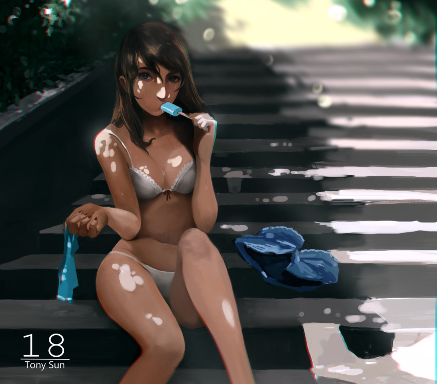 1girl artist_name blurry bra brown_eyes brown_hair chromatic_aberration dappled_sunlight depth_of_field fingernails highres holding_clothes holding_shirt looking_at_viewer nail_polish original outdoors panties popsicle red_nails sexually_suggestive shirt_removed shorts_removed sitting sitting_on_stairs solo stairs sunlight text tony_sun tree_shade underwear watermark white_bra white_panties