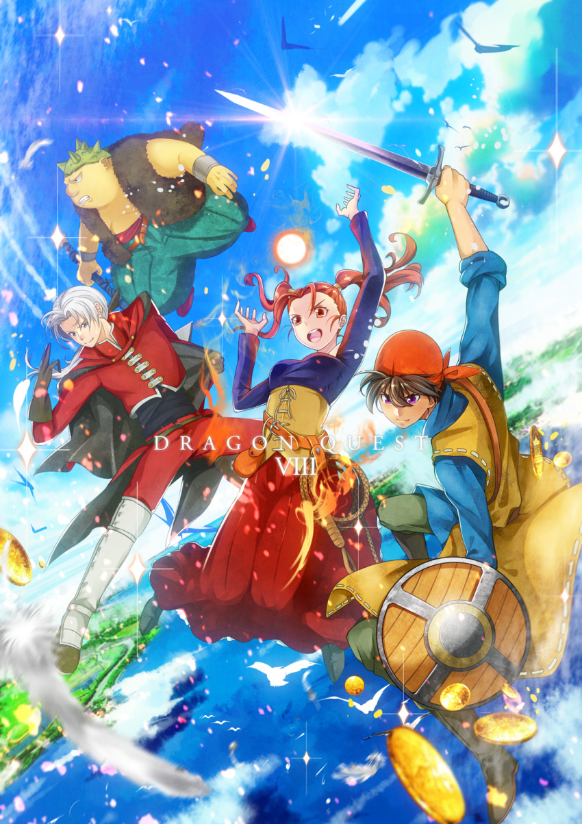 1girl 3boys angelo brown_hair cape dragon_quest dragon_quest_viii dress everyone fire gold green_eyes hero_(dq8) jessica_albert long_hair lowres magic multiple_boys one_eye_closed red_eyes redhead shield square_enix sword twintails water weapon yangus