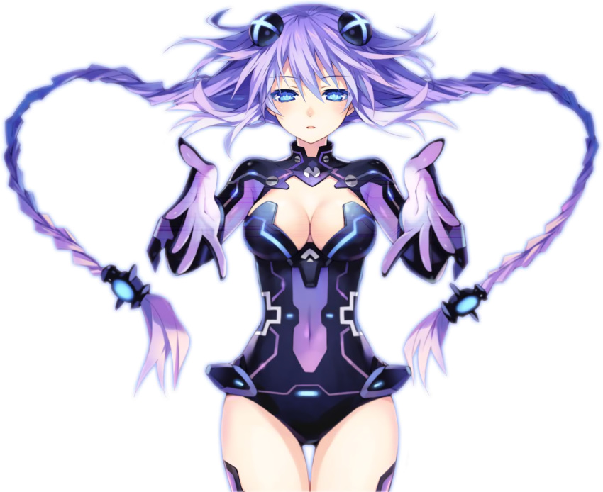1girl bangs black_legwear blue_eyes boots braid breasts choujigen_game_neptune cleavage cleavage_cutout covered_navel expressionless flipped_hair gloves hair_ornament halterneck kami_jigen_game_neptune_v leotard long_hair magical_girl neon_trim neptune_(choujigen_game_neptune) neptune_(series) official_art purple_hair purple_heart solo standing symbol-shaped_pupils thigh-highs thigh_boots tsunako turtleneck twin_braids vambraces very_long_hair