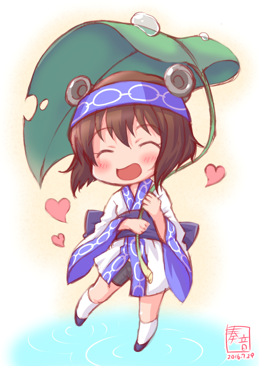 1girl 2016 :d ^_^ ^o^ ainu_clothes alternate_costume artist_name black_shorts blush brown_hair bubble chibi closed_eyes commentary_request dated eyebrows eyebrows_visible_through_hair full_body hairband heart highres japanese_clothes kanon_(kurogane_knights) kantai_collection kneehighs leaf_umbrella leg_up long_sleeves open_mouth short_hair shorts simple_background smile solo standing standing_on_one_leg water white_legwear wide_sleeves yellow_background yukikaze_(kantai_collection)