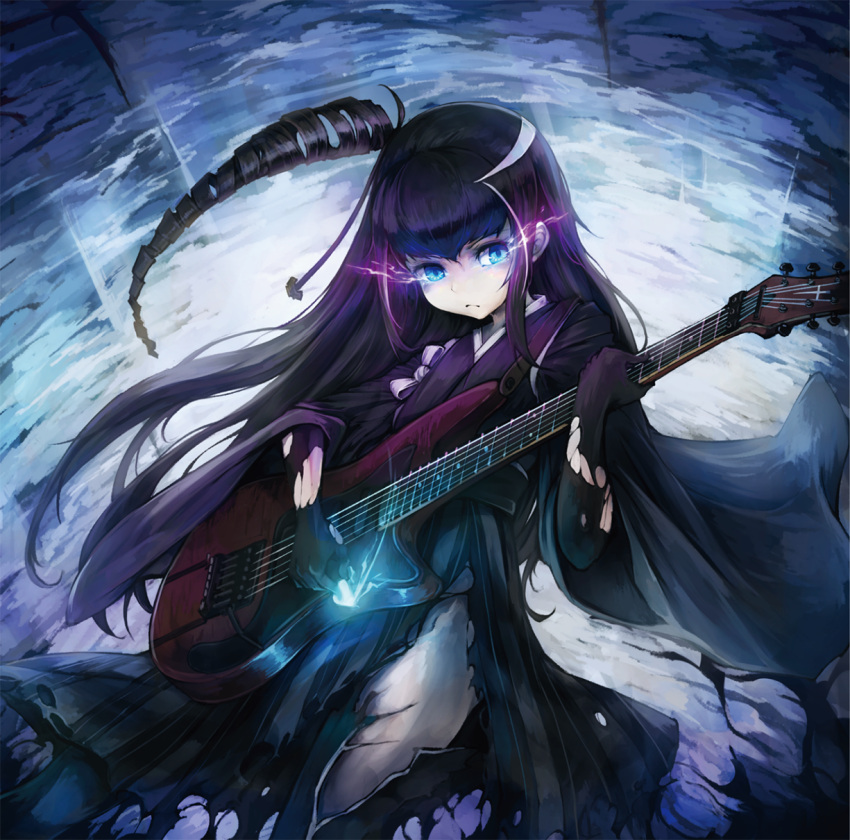 1girl ancient_destroyer_hime black_hair blue_eyes commentary_request drill_hair gloves glowing glowing_eye guitar highres instrument japanese_clothes kajaneko kantai_collection kimono long_hair meiji_schoolgirl_uniform plectrum shinkaisei-kan side_ponytail solo torn_clothes