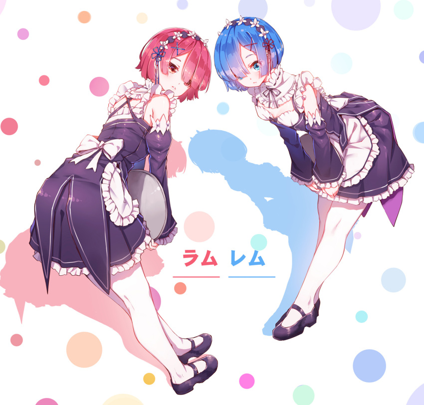 2girls apron blue_eyes blue_hair blush bow breasts character_name circle cleavage detached_sleeves dress fangxiang_cuoluan frilled_sleeves frills hair_ornament hair_over_one_eye highres holding holding_tray leaning_forward looking_at_viewer maid maid_headdress mary_janes multiple_girls neck_ribbon parted_lips pink_eyes pink_hair ram_(re:zero) re:zero_kara_hajimeru_isekai_seikatsu rem_(re:zero) ribbon ribbon-trimmed_clothes ribbon_trim shoes short_hair siblings simple_background sisters small_breasts text translated tray twins underbust white_background white_legwear x_hair_ornament