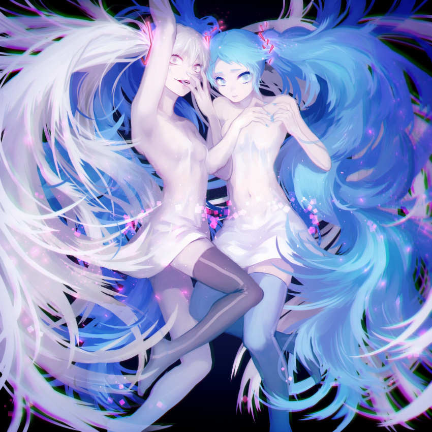 2girls absurdres arm_up bangs bare_arms bare_shoulders big_hair black_background black_legwear blue_eyes blue_hair blue_legwear blue_nails breasts broken closed_mouth colored_eyelashes covered_navel creator_connection cube dress dual_persona eyelashes ghost_rule_(vocaloid) grey_eyes hair_between_eyes hair_ornament hatsune_miku highres hona_(platinum_egg) leg_up liar_dance_(vocaloid) light_particles locked_arms long_hair looking_at_viewer looking_away looking_to_the_side multiple_girls nail_polish navel no_shoes parted_lips revealing_clothes see-through silver_hair silver_nails small_breasts smile smirk songover strapless teeth thigh-highs transparent twintails vocaloid white_dress white_hair