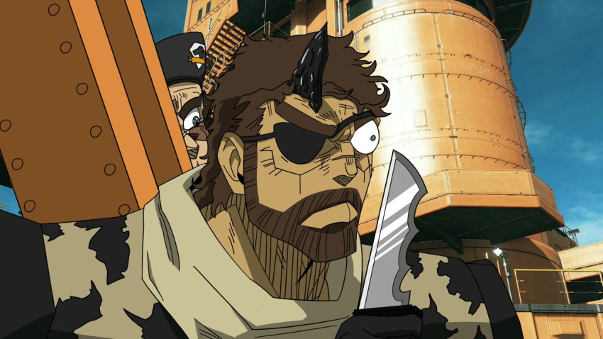 beard blue_eyes brown_hair eyepatch jojo_no_kimyou_na_bouken knife metal_gear_solid scar shrapnel venom_snake