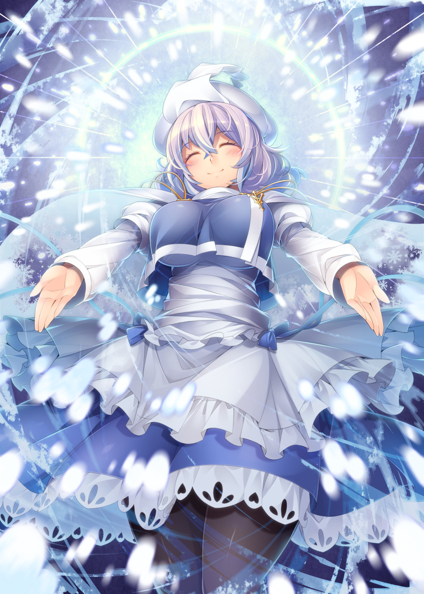 1girl ^_^ absurdres black_legwear blue_dress blush breasts cape closed_eyes cowboy_shot crop_top crop_top_overhang danmaku dress hat highres ice juliet_sleeves kokka_han large_breasts lavender_hair letty_whiterock long_sleeves mob_cap outstretched_arms pantyhose puffy_sleeves short_hair smile snowflakes solo spread_arms touhou white_hat
