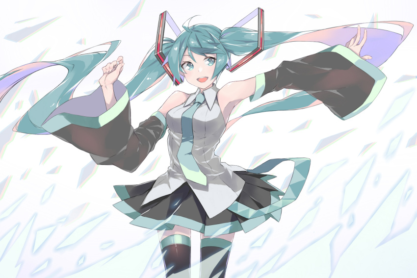 1girl :d ahoge aqua_necktie black_skirt collared_shirt detached_sleeves fhang green_eyes green_hair grey_shirt hatsune_miku head_tilt highres lavender_hair long_hair multicolored_hair necktie open_mouth outstretched_arm pink_hair pleated_skirt shirt skirt sleeveless sleeveless_shirt smile solo thigh-highs twintails very_long_hair vocaloid white_background wing_collar