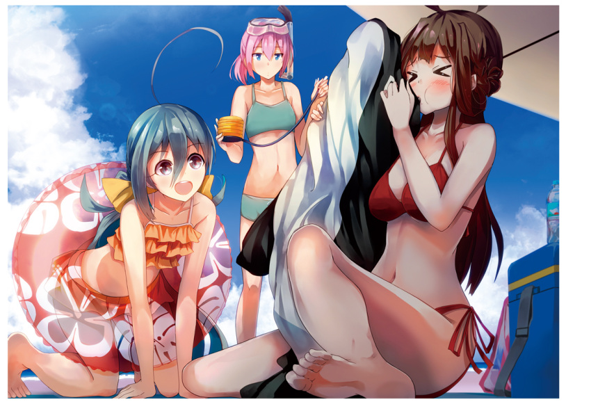 &gt;_&lt; 3girls :d ahoge all_fours alternate_costume bare_legs barefoot beach beach_umbrella bikini blue_eyes blue_swimsuit brown_hair closed_eyes clouds cloudy_sky diving_mask_on_head double_bun frilled_bikini frills grey_eyes grey_hair hair_between_eyes hair_ribbon huge_ahoge inflatable_orca inflatable_toy innertube jitome kantai_collection kiyoshimo_(kantai_collection) kongou_(kantai_collection) konkito looking_at_another midriff multiple_girls navel ocean open_mouth orange_swimsuit pink_hair ponytail pump red_bikini ribbon shiranui_(kantai_collection) short_hair side-tie_bikini sky smile snorkel soles standing swimsuit toes umbrella yellow_ribbon