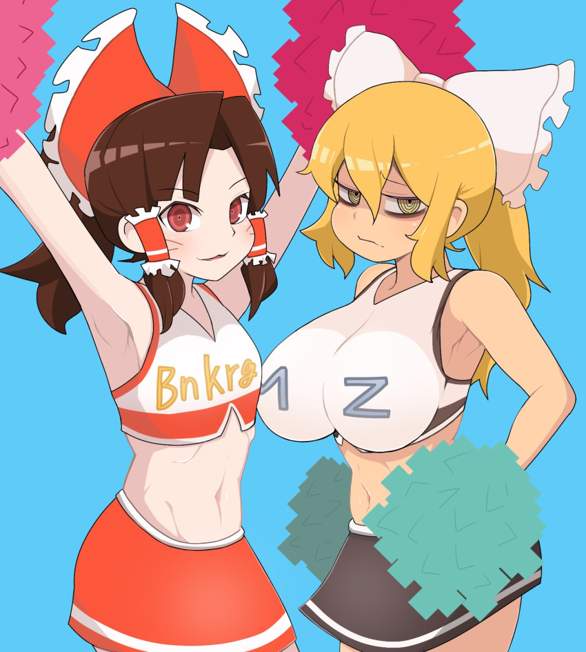 2girls alternate_costume armpits arms_up bangs benikurage_(cookie) black_hair black_skirt blonde_hair bow breasts brown_hair cheerleader closed_mouth clothes_writing commentary_request cookie_(touhou) cowboy_shot crop_top facial_mark flat_chest frilled_bow frilled_hair_tubes frills hair_bow hair_tubes hakurei_reimu highres kirisame_marisa long_hair looking_at_viewer madore mars_(cookie) medium_hair midriff multiple_girls navel open_mouth parted_bangs pom_pom_(cheerleading) ponytail red_bow red_eyes red_skirt ringed_eyes simple_background skirt small_breasts smile touhou wavy_mouth whisker_markings white_bow yellow_eyes